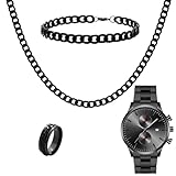 NEWITIN 4 Pieces Black Jewelry Set for Men Stainless Steel Watch Necklace Bracelet Ring Fashion Black Wristwatch Cuban Link Chain Cuban Jewelry Set for Men