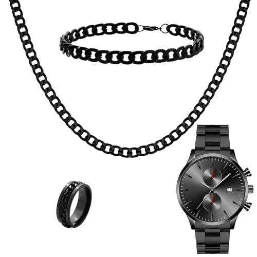 NEWITIN 4 Pieces Black Jewelry Set for Men Stainless Steel Watch Necklace Bracelet Ring Fashion Black Wristwatch Cuban Link Chain Cuban Jewelry Set for Men