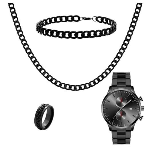 NEWITIN 4 Pieces Black Jewelry Set for Men Stainless Steel Watch Necklace Bracelet Ring Fashion Black Wristwatch Cuban Link Chain Cuban Jewelry Set for Men