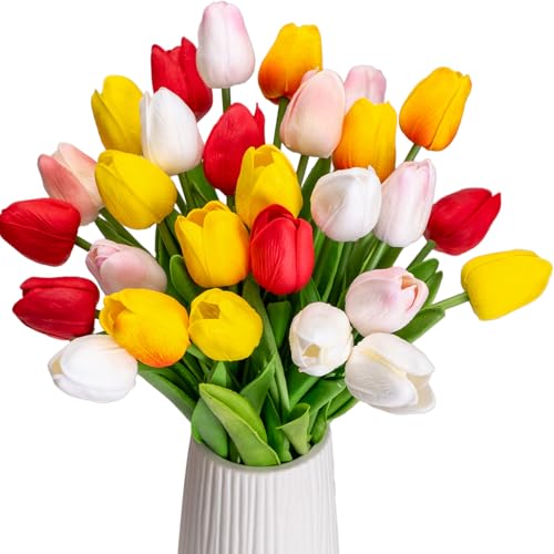 Fezaphy 24pcs Tulips Artificial Flowers Latex Faux Tulip Flowers Real Touch Fake Flower Bridal Bouquets for Wedding Party Table Home Decoration (Mixed Color)