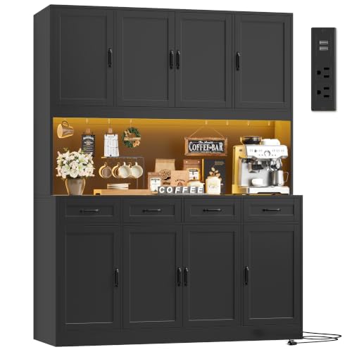 HITHOS 59" W Kitchen Pantry Storage Cabinet, 73" Large Hutch Cabinet, Black | Tall Kitchen Pantry Cabinet with Charging Station / Countertop / LED Light, Kitchen Hutch with Microwave Stand, Living Room
