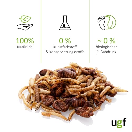 UGF - Insektenmischung - 80g im 500 Milliliter Eimer, Igelfutter, Rennmausfutter, Hamsterfutter, Rattenfutter, Eidechsenfutter - Mehlwürmer, Soldatenfliegenlarven, Seidenraupen