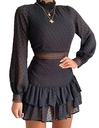 MISOMEE Women Fashion Swiss Dot Guipure Lace Lantern Sleeve Dress S Black