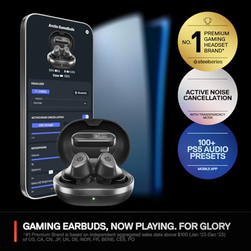 Image of SteelSeries Arctis GameBud for PlayStation Wireless Gaming Earphones 2.4GHz + BT 5.3 ANC /Transparency, IP55 Water Resistant, 40H Battery, Wireless Charging, PS5, PC, Switch 2 (Black)
