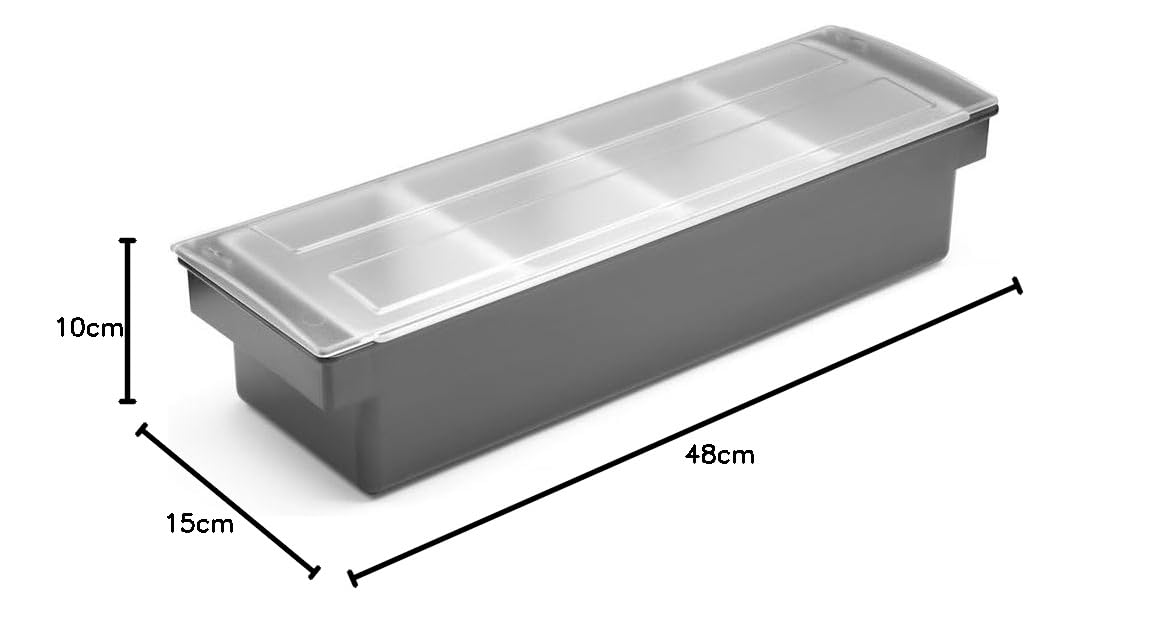 HENDI Portacondimentos de Bar, Bandeja de Guarniciones para Cócteles BarUp, Caja Organizadora con Tapa Transparente, 4 Contenedores de Polipropileno, 480x150x(H) 100mm, HIPS, Negro