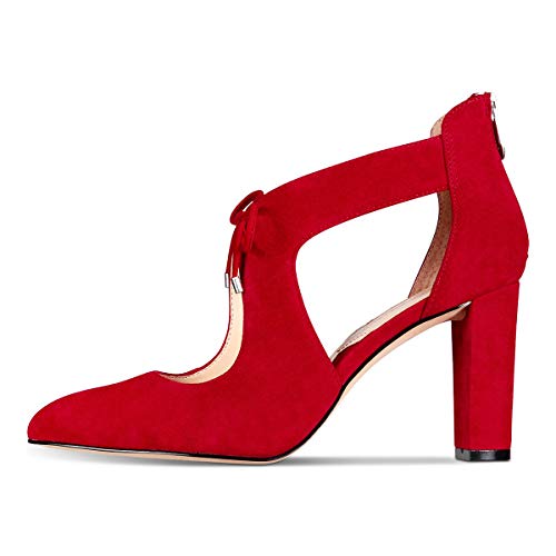 XYD Women Closed Pointed Toe Cutout Casual Dress Pumps Booties Chunky Block Heel Bow Tie Back Zip Shoes4