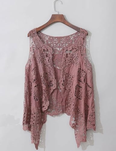 Image of FindThy Women's Hollow Knitting Stitch Cardigan Open Front Draped Boho Hippie Crochet Vest