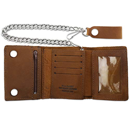 Image of RFID Blocking Men's Tri-fold Vintage Biker Cowhide Leather Steel Chain Wallet,Snap closure, Made In USA,pu315,crazy horse brown