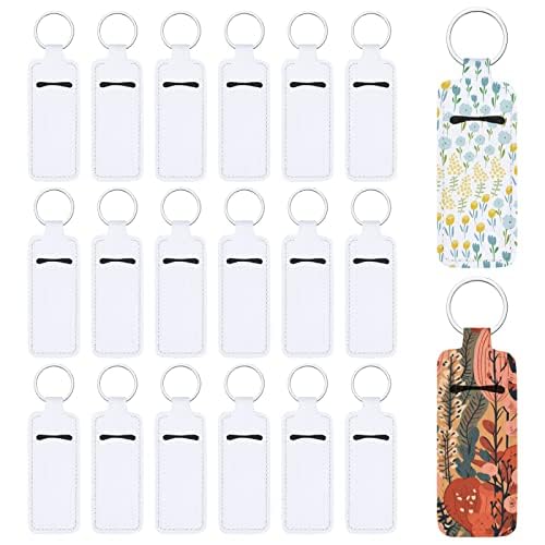 Valyria Sublimation Blanks Chapstick Holder Keychains Lipstick Keychain Bulk Neoprene Clip-on Sleeve Travel Key Ring Holder (White-Rectangle (20 Pcs))
