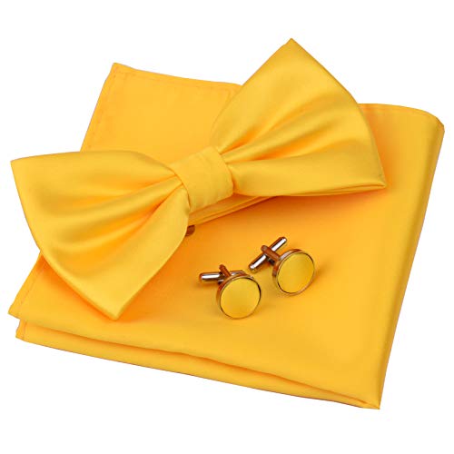 Image of GUSLESON Men's 3-pc Solid Color Bow Tie Gift Set - Double‑Fold Pre-Tied Bow Tie, Pocket Square, Cufflinks - Wedding Formal Party