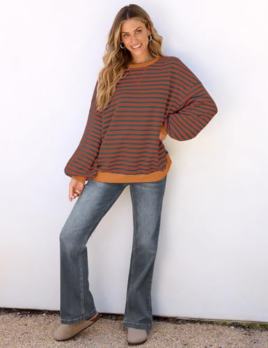 Image of UEU Women Oversized Striped Crewneck Sweatshirt Long Sleeve Color Block Pullover Tops Casual Loose Workout Shirt