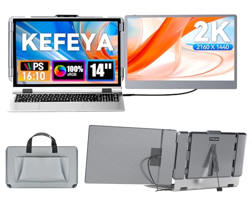 Laptop Screen Extender 2K, 2160x1440 QHD Laptop Monitor Extender Dual Screen, 14” Portable Monitor for Laptops 13-17" with USB-C/HDMI Port
