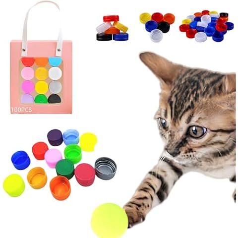 Aizoer Cat Toys Bottle Caps ，to Arouse Curiosity Cat Toy Plastic Bottle Caps，Pet Chasing Sport Cat Toys for Indoor Cats，12 Colors Interactive Cat Toy，Cat Toy Set for Indoor Bored Cats Gifts (100 Pcs) Cover