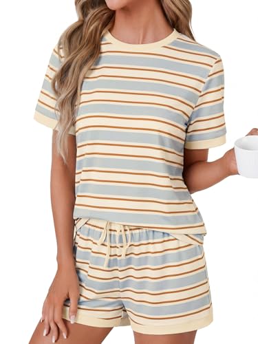 Image of LYANER Pajama Set for Women 2 Piece Lounge Set Striped Crew neck Short Sleeve Tops and Shorts Soft Sleepwear