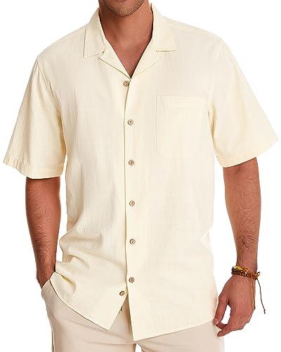 Image of Alimens & Gentle Mens Linen Shirts Cotton Hawaiian Shirts Short Sleeve Button Down Shirts Casual Summer Beach Tops