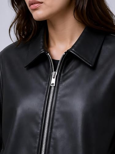 Image of Women's Faux Leather Jacket | Biker Motorcycle Jacket with Zip Front Closure, Classic Shirt Collar | Regular Fit Casual Winter Outerwear | Women's Fashionable Lightweight Leather