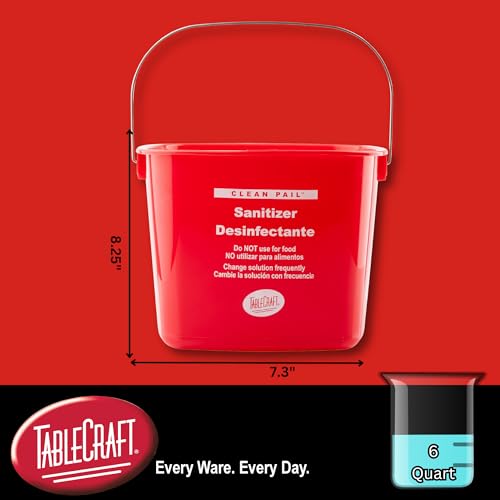 Image of Tablecraft Cleaning Pail 6 Quart, Sanitizer and Detergent Use, Durable Square Clean Bucket for Commercial Restaurant and Foodservice, Restaurant-Grade HDPE Plastic with Handle, 8.7 inchx8.2 inchx7.37 inch, Red