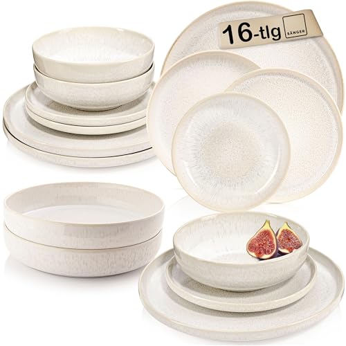 SÄNGER | Geschirrset Korfu 16 tlg, Tafelservice 4 Personen, Steingut Geschirr Handmade, Set inkl. Essteller Dessertteller Tiefe Teller Pastaschalen, Essgeschirr Creme Farben mit Sandiger Maserung