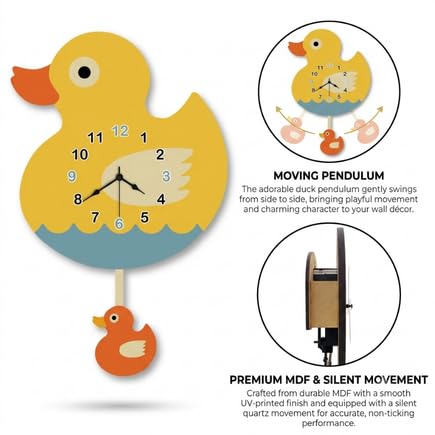 Image of Personalised with Your Name, Ducky Design Pendulum Wall Clock for Kids Room, Decorative Analog Timepiece with Swinging Element, Cute Bird Theme Home Accent for Bedroom, Nursery, Playroom