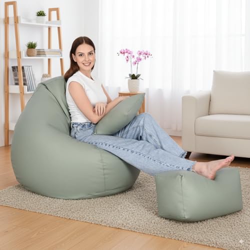 Image of 5XL Premium Leatherette Bean Bag with Rectangular Footrest & Cushion | High Density EPS Beans Filled | Teardrop Shape with Handle | 6 Months Warranty (Pastel Green, 5XL Combo Pack, Solid)