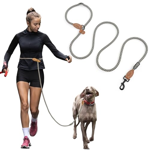 Mile High Life Hands Free Dog Leash, Crossbody Waist Leash with Genuine Leather Connection, Multifunctional Adjustable Slip Lead for Dog Walking Running (Black Khaki, 8FT)