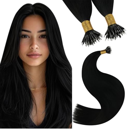 YoungSee Nano Ring Hair Extensions Jet Black 14inch Nano Hair Extensions Real Human Hair Black Short Straight Nanolink Extensions for Women Pre Bonded 50g Cold Fusion 50s Lightweight