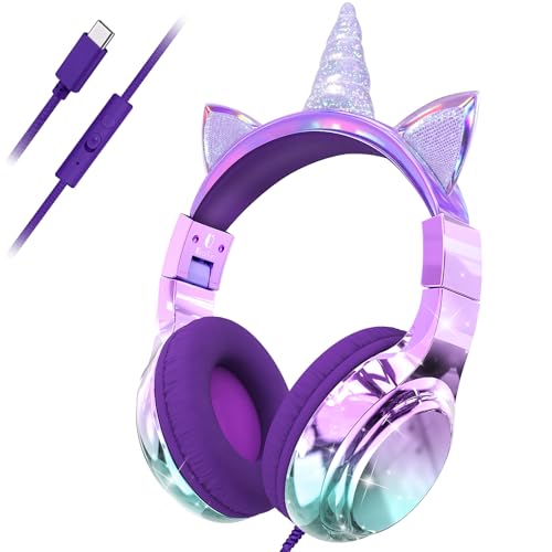 QearFun �L�b�Y���j�R�[���w�b�h�t�H�� USB C�t�� ���̎q���� �}�C�N�t�� 85/94dB ���S�ȃ{�����[�����~�b�^�[ ���܂Ȃ��R�[�h ���L�|�[�g �܂肽���ݎ��L���L���L���w�b�h�Z�b�g �w�Z ���s �^�u���b�g iPad�p