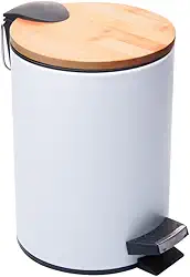 LYOR - Lixeira Redonda De Metal Com Pedal e Tampa Em Bambu Branca 5L
