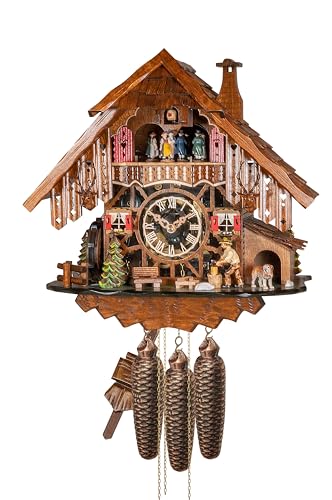 Engstler Kuckucksuhr Schwarzwaldhaus mit Holzhacker und Mühlrad