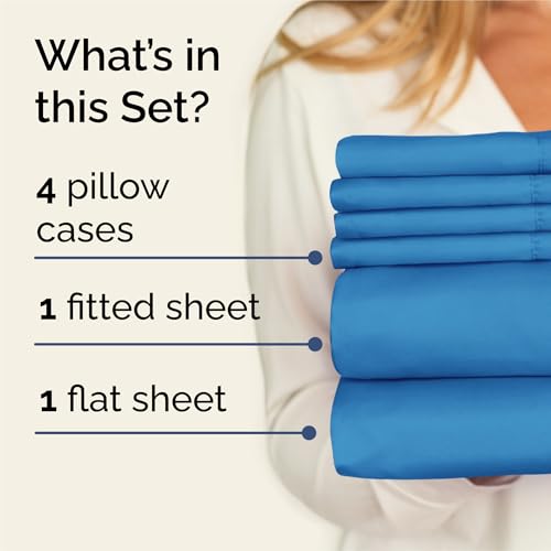 Image of King 6 Piece Bed Sheet Set - Soft, Breathable & Cooling Sheets - Denim Blue | Ultra Soft Hotel Luxury Bedding Set w / 8-16 Inch Deep Pockets - 1 Flat & 1 Fitted Sheet & 4 Pillowcases - Wrinkle & Fade Free