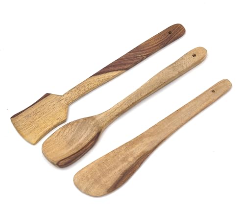Image of Sanjeev Kapoor by OGGN Natural Wood Serving & Cooking Spoon Set of 3, Handmade Wooden Spatula Set for Cooking, Non Stick Kitchen Tools, Turner, Ladle, Pasta & Frying Spoon, Natural Cookware