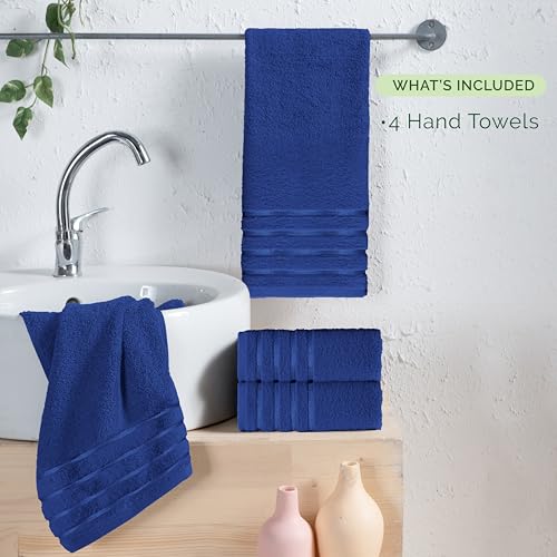 Image of Elegant Comfort 100% Turkish Cotton 4 Lines Viscose Stripe Luxury 4 Pack Hand Towel Set - Ultra Absorbent and Soft 16 x 28 Inch Premium Hotel Spa Quality Towels for Everyday Bath Use, Royal Blue