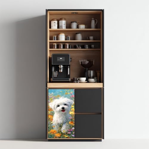 Image of 14.6x32.3 Inch Trash Can Cover White Dog in Flower Field Design Outdoor Garbage Bin Decoration Sticker Wrap