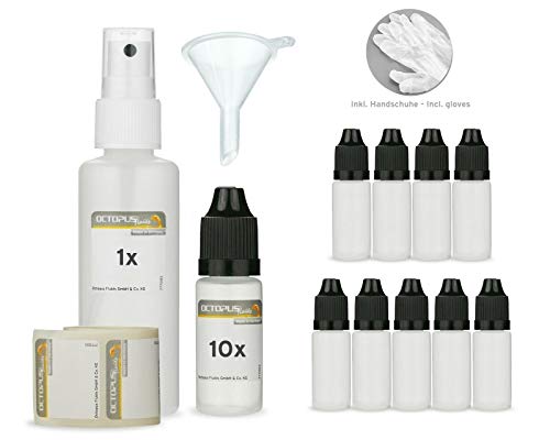 ALKOHOL-TINTEN Plastikflaschen SET Alcohol Ink Malerei mit Tinten auf Alkoholbasis/Blending Solution – 10x 10 ml Dosierflaschen Leerflaschen + 50 ml Zerstäuber + Zubehör