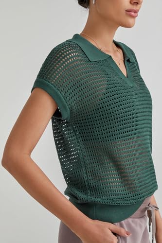 Image of Arach&Cloz 2025 Women's Crochet Cap Sleeve Knit Tops Spring Summer Shirts Lightweight Collared Hollow Out Casual Blouses