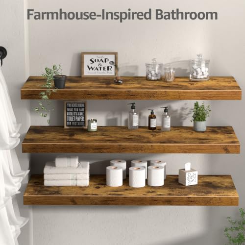 Image of QEEIG 12 inch Deep Floating Shelves for Wall - 12 x 36 inch Book Shelf Bathroom Bedroom Kitchen Living Room Hanging Bookshelf Farmhouse Set of 3, Brown (026-90BN3)