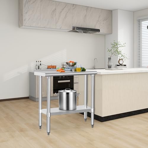 Image of HARDURA Stainless Steel Commercial Work Table Prep Work Metal Table 14x30 Inches with Undershelf and 2 inch Backsplash Heavy Duty NSF 430 for Kitchen Food Prep