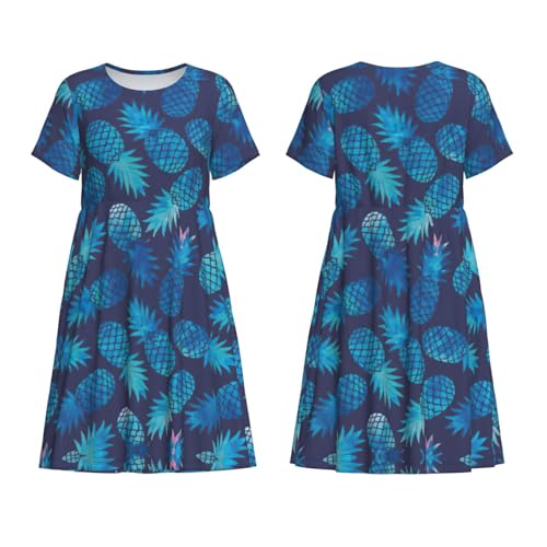 Robe de printemps manches courtes Blue Ananas et jupe trapèze à taille élastique