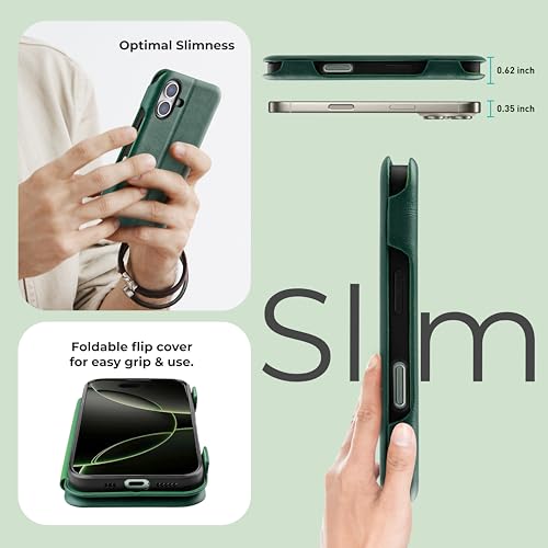 Image of PULOKA - Sleek Flip Case- Compatible for iPhone 16 Plus- Premium Vegan Leather Phone Cover with Card Slot - Slim, Durable, Privacy Protection - Kickstand Function - Elegant Flip Wallet Cases- (Green)