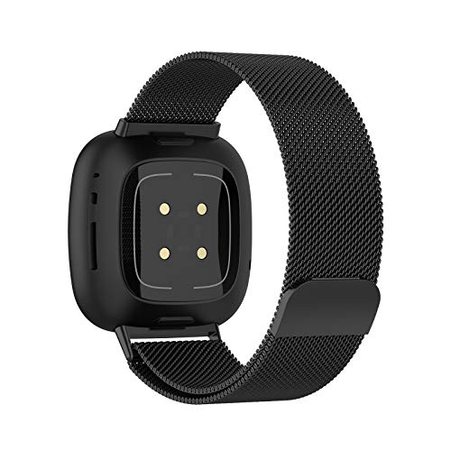 OCTT Metal Loop Band Compatible for Fitbit Sense Bands/Versa 3 Bands, Stainless Steel Mesh Breathable Wristband with Adjustable Magnet Lock (Large, Black)