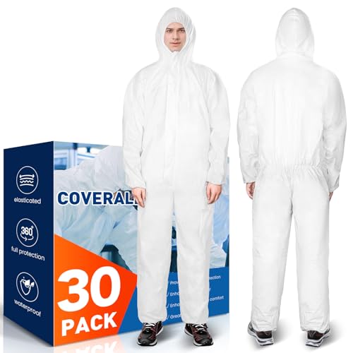CAREGY Hazmat Suits 30 Pack Disposable Protective Coveralls, Heavy Duty Full Body Painters Suit for Men & Women with Elastic Wrists, Ankles and Hood, Available in 4 sizes-Large