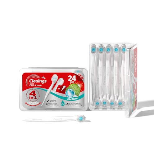 cleaings Disposable Travel Toothbrush 24 Count 4-in-1 Mini Toothbrush with Toothpaste No Water Needed with Built-in Flavor Beads & Tongue Cleaner & Toothpick for On the Go Travel Mint Flavor
