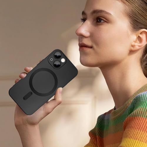 Image of DIZORO Magnetic Case for iPhone 15 Compatible with MagSafe Built-in Camera Lens Protector Slim Soft Silicone Bumper Shockproof Metallic Luster Back Cover Phone Case Black