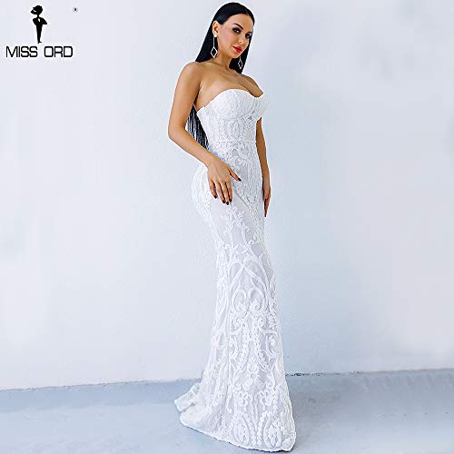 Miss ord Sexy Bra Strapless Sequin Wedding Evening Party Maxi Dress (Medium, White)