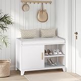 VECELO Shoe Bench for Entryway, 2-Tier Shoe Organizer with Removable Seat Cushion for Bedroom, Hallway, Living Room, Slim, PU White