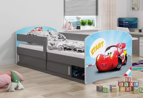 All4All Lit Enfant Leo - 160 x 80 cm Junior - Chambre Enfant - avec Rangement - Cars - Hello Kids - Lit en Bois - Sommier à Lattes - 20 (Cars avec Cadre...