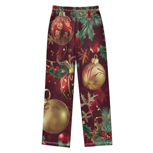 Christmas Balls Holly Leaves Boys Long Pants Soft Trousers Elastic Waist Kids Lounge Bottoms with Pockets S-XL2