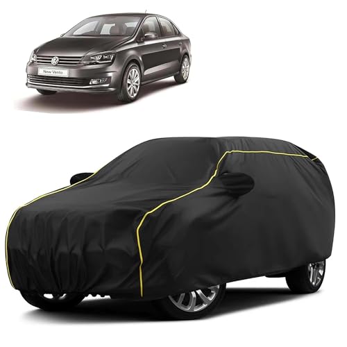 Image of Sulfar 100% Water Resistant Car Body Cover Compatible with Mirror for Volkswagen Vento (Triple Stitched, Full Bottom Elastic, Black Taffeta with Yellow Piping)