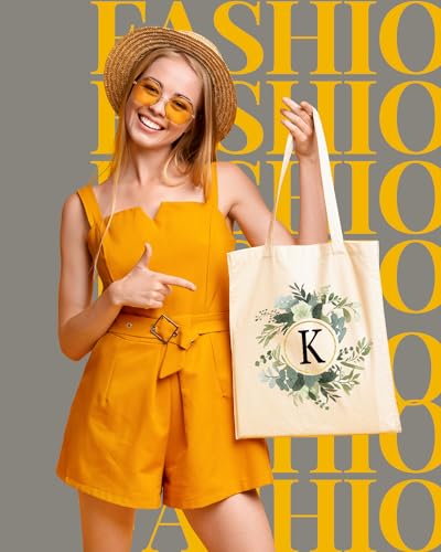 Image of AUSVKAI Canvas Tote Bag for Women, Cute Aesthetic Leaf Initial Trendy Cotton Reusable Personalized Birthday Bags