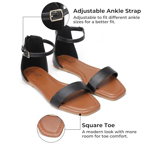 Image of katliu Women's Ankle Strap Flat Sandals One Band Dressy Sandals Square Open Toe Sandals for Summer with Back Zipper